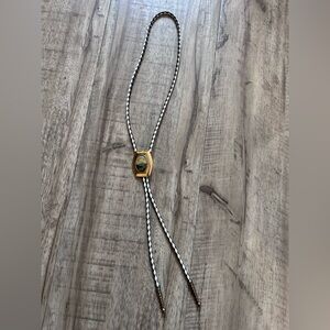 Western bolo neck tie black white braided leather with Montana mountain scene